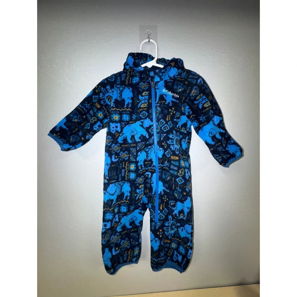 Columbia Infant Fleece Bunting Blue Bear Wolf Aztec Print Hooded Romper 6-12M